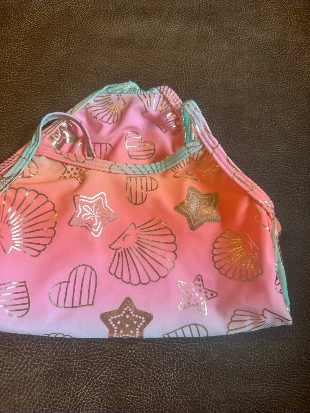 btween Coral Pink to Aqua Gradient One-Piece Swimsuit with Gold Shell Accents
